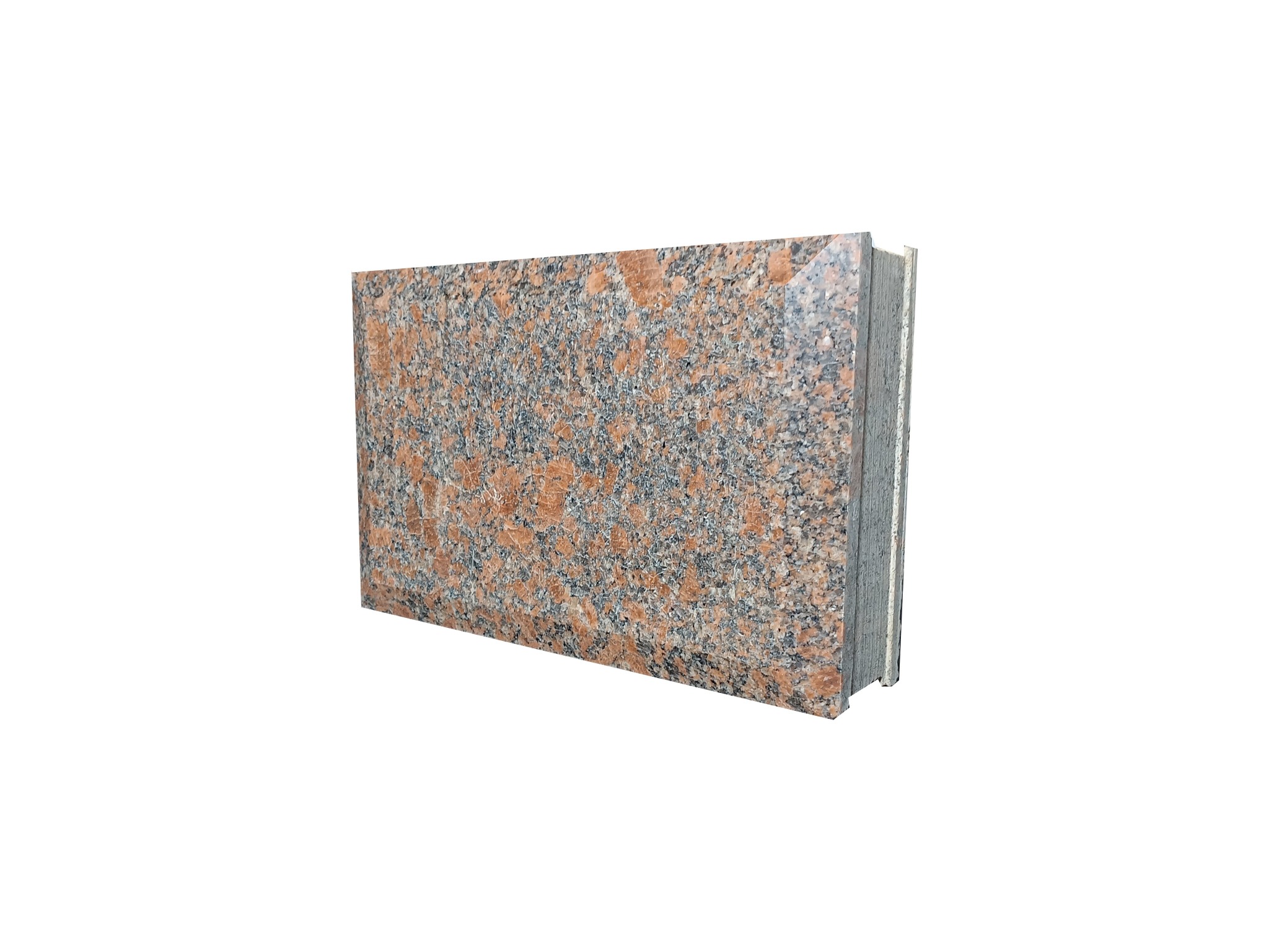 Płyta z polerowanego granitu w odcieniach brązu i szarości, widoczna z boku, ukazująca strukturę kamienia. Krawędź płyty lekko zaokrąglona.