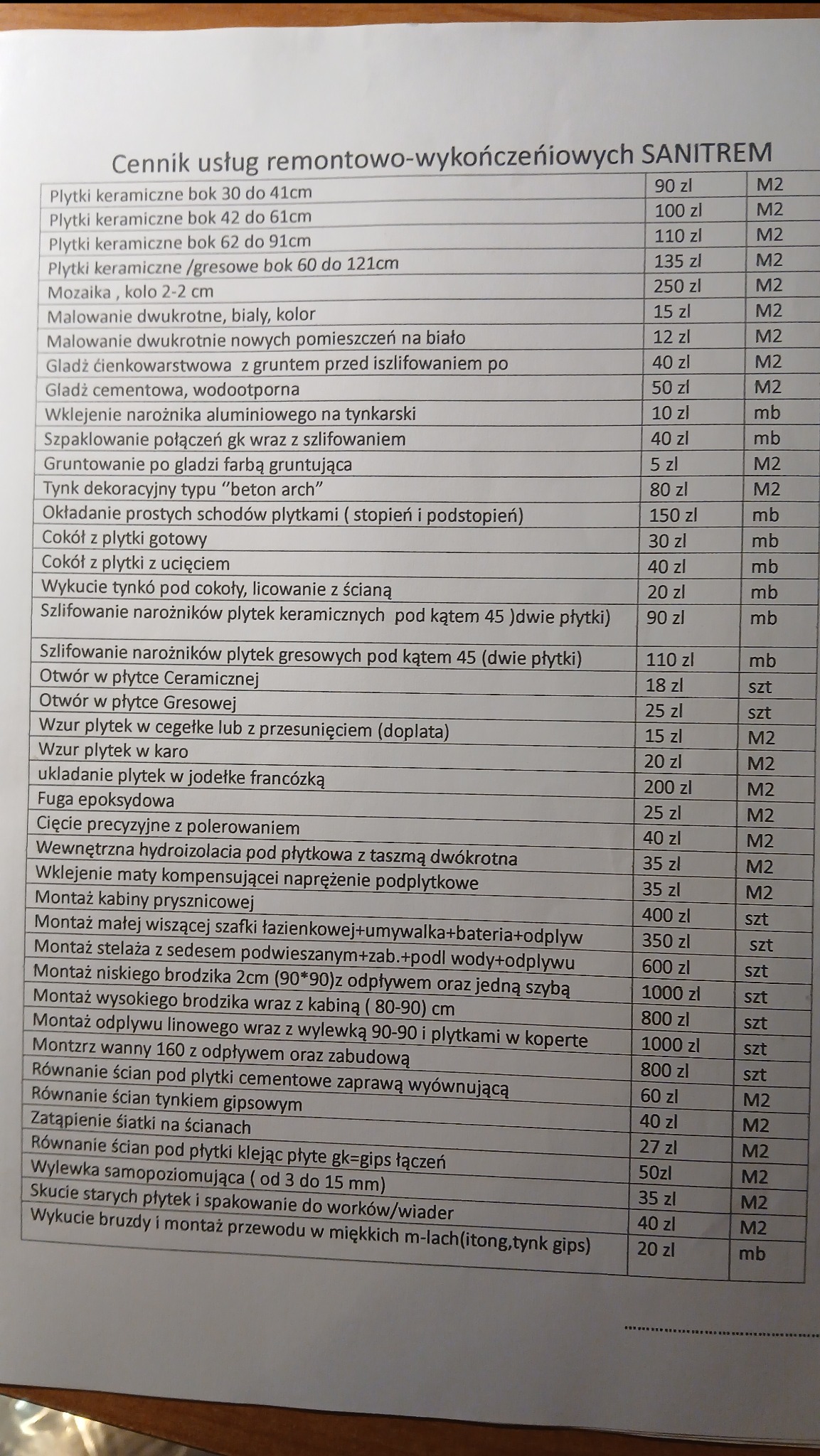 Cennik usług remontowo-wykończeniowych firmy SANITREM, zawierający pozycje takie jak układanie płytek, malowanie, gładzie, montaż armatury i inne prace wykończeniowe.