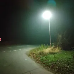 Słup oświetleniowy uliczny świecący w ciemności, widoczny na tle mglistego krajobrazu wiejskiego skrzyżowania.