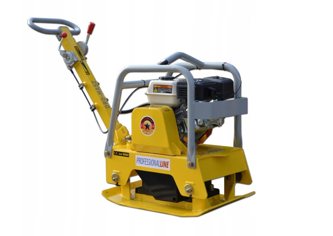 Żółta zagęszczarka gruntu marki Professional Line, z silnikiem spalinowym, uchwytem i ramą ochronną, na białym tle. Widoczne detale konstrukcyjne i oznaczenia producenta.