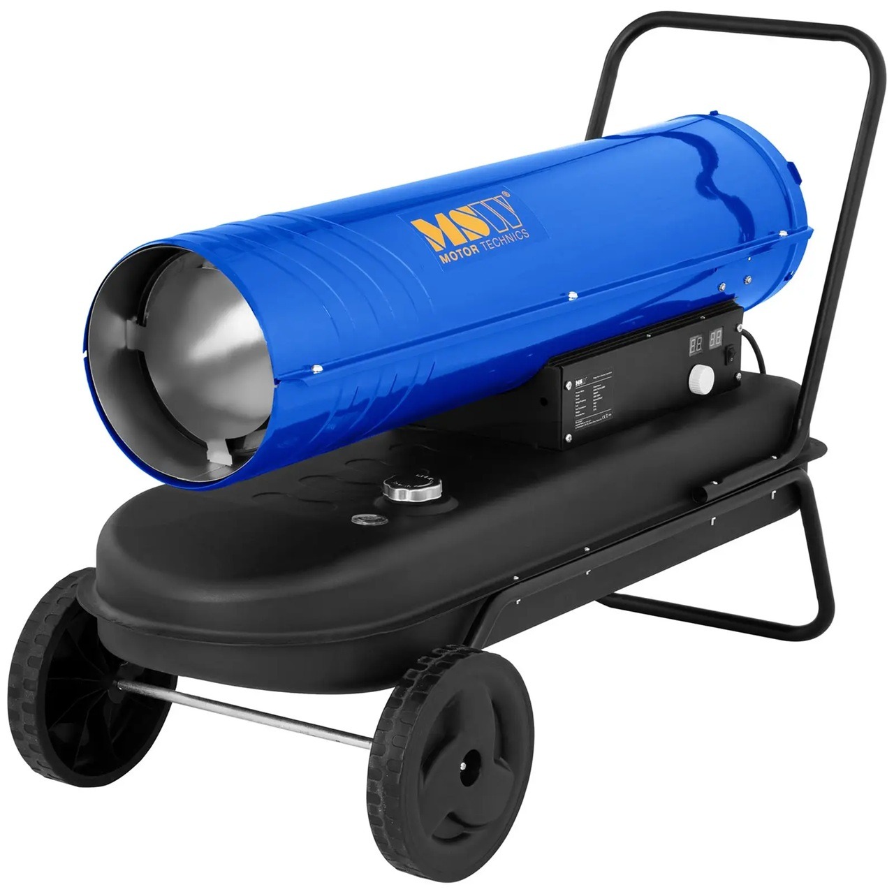 Niebieska nagrzewnica olejowa Motor Technics na czarnym wózku z kołami, widok z boku, oświetlenie studyjne, detale panelu sterowania i logo.