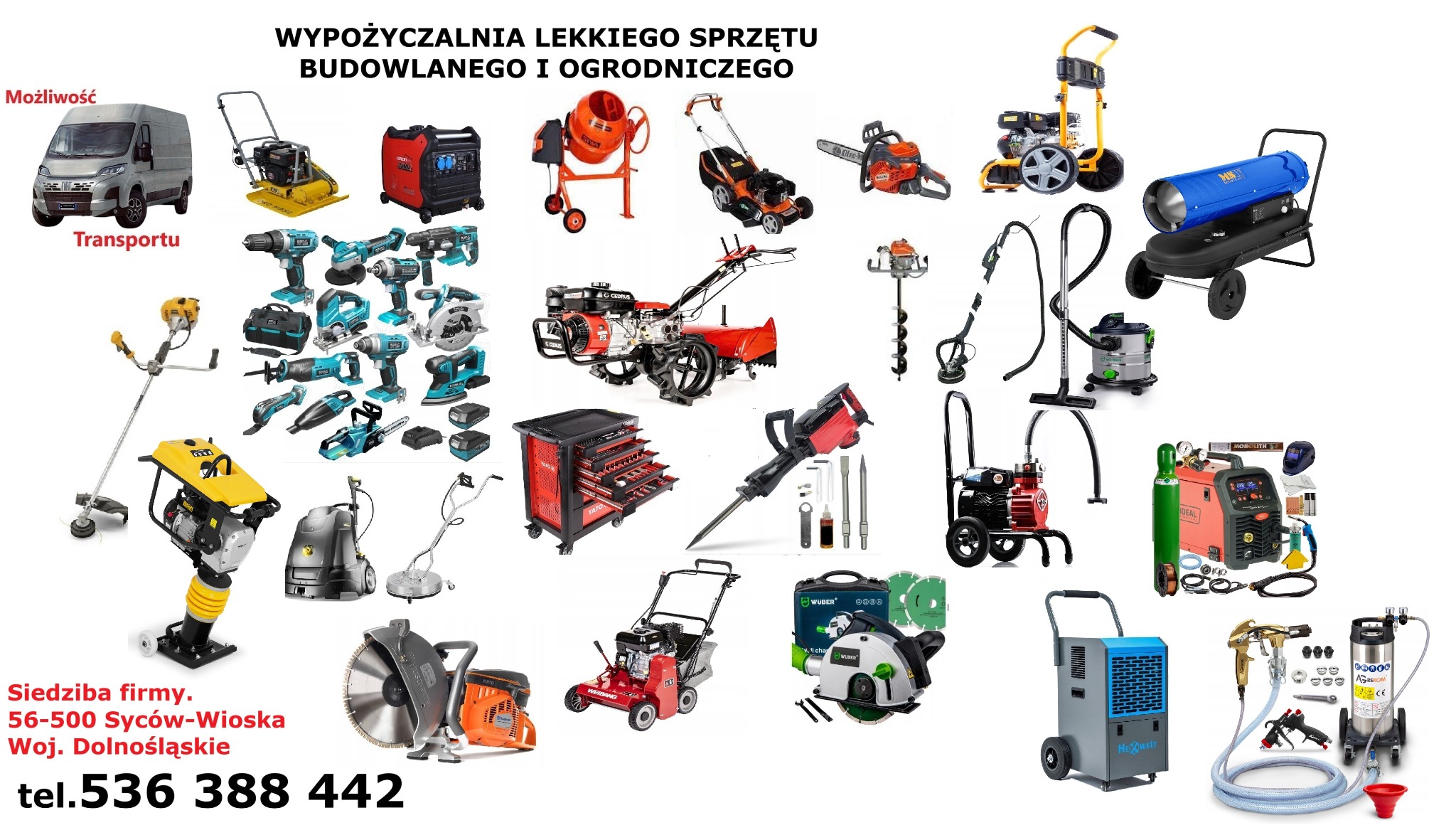 Szeroki wybór sprzętu budowlanego i ogrodniczego na wynajem: od wiertarek i kosiarek po betoniarki i agregaty. Oferta wypożyczalni z Sycowa-Wioski, Dolnośląskie.
