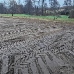 Żółta koparko-ładowarka JCB na błotnistym terenie z wyraźnymi śladami opon, przygotowanym pod przyszłe prace ogrodowe, w tle drzewa i budynek.