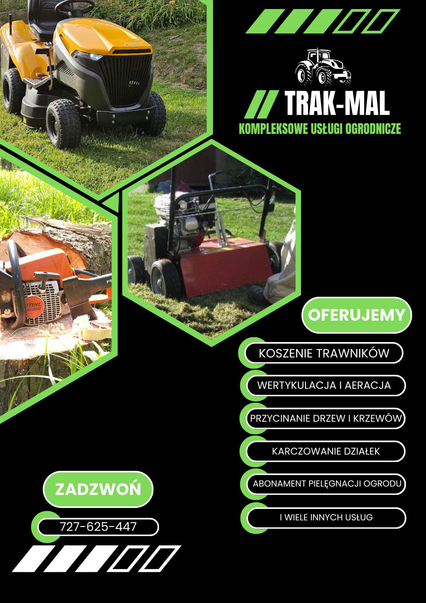 Grafika reklamowa usług ogrodniczych: żółta kosiarka traktorek na trawie, piła spalinowa Stihl na pniu drzewa, wertykulator, logo firmy Trak-Mal i lista oferowanych usług.
