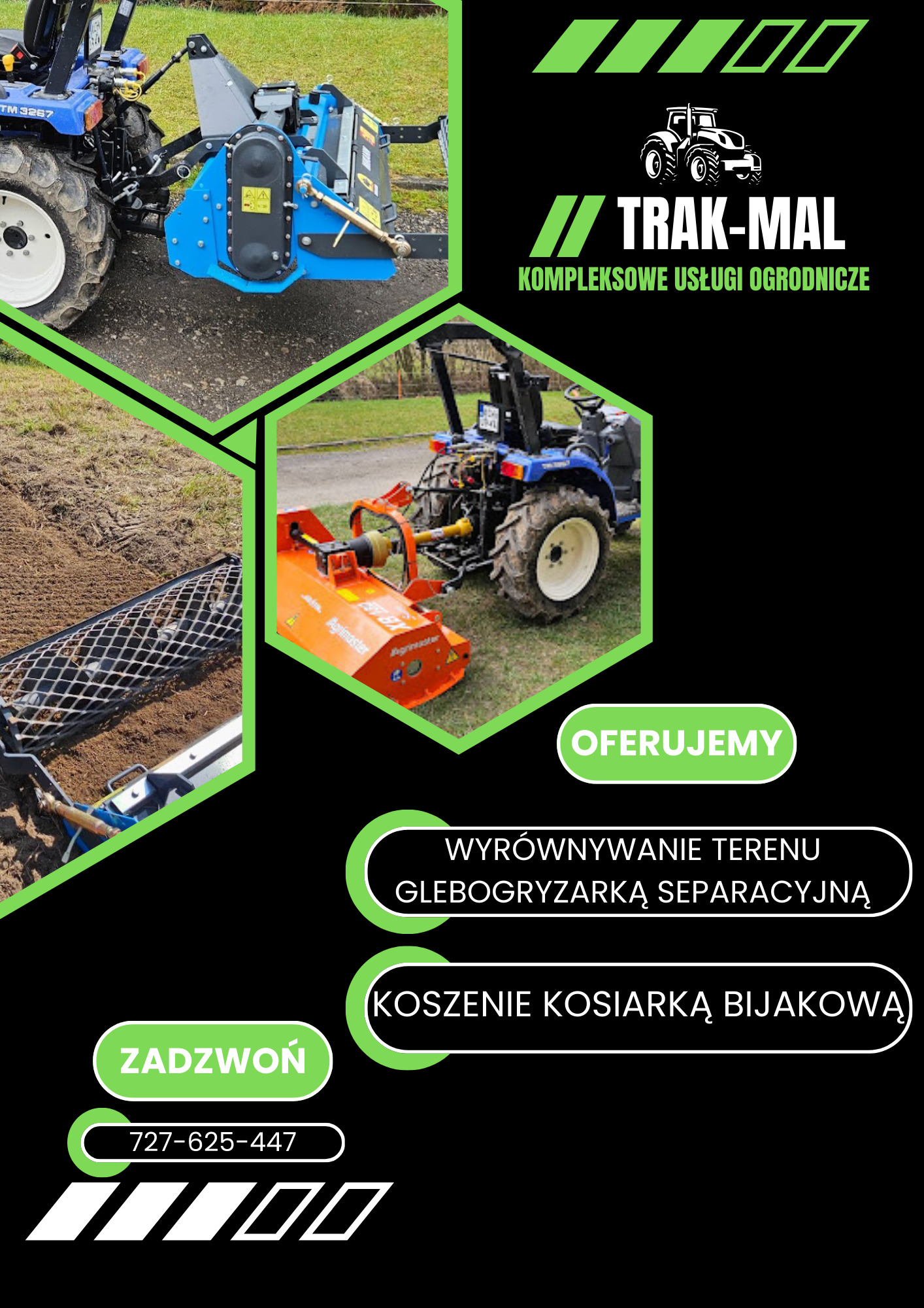 Grafika reklamowa firmy Trak-Mal oferującej kompleksowe usługi ogrodnicze, prezentująca mały traktor z glebogryzarką separacyjną i kosiarką bijakową, wraz z numerem telefonu kontaktowego.