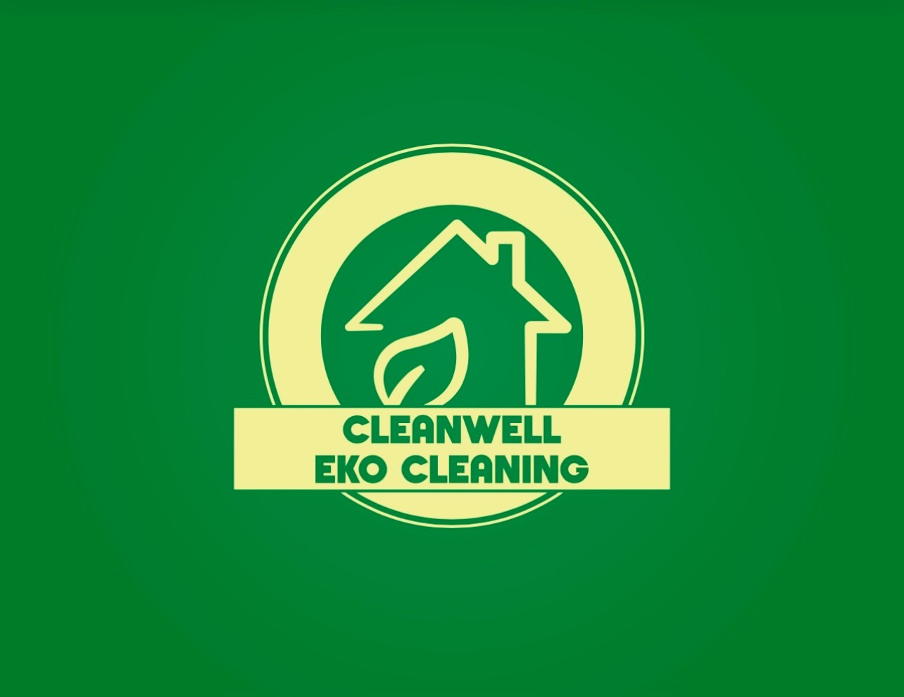 Logo Cleanwell Eko Cleaning: dom z liściem w okręgu na zielonym tle. Grafika promuje ekologiczne usługi sprzątania.
