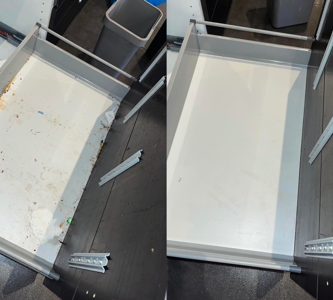 Zdjęcie typu 'przed i po' przedstawia białą szufladę: po lewej brudna, z resztkami i plamami, po prawej czysta, bez zabrudzeń, na ciemnej podłodze.