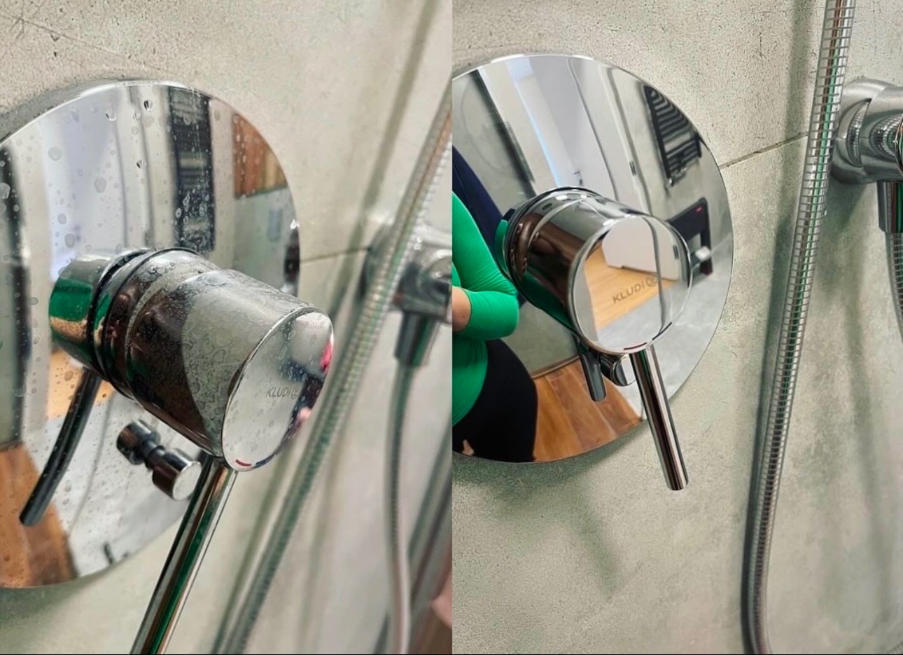 Kran prysznicowy Kludi: po lewej z osadem, po prawej lśniący po czyszczeniu. Widoczna ręka w zielonej rękawiczce. Efekt przed i po.