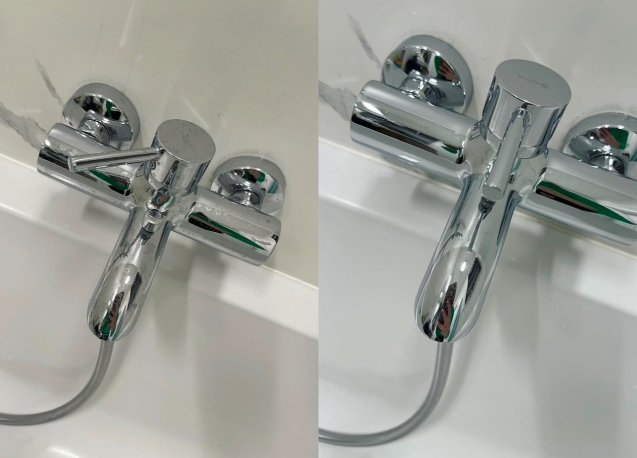 Kran w wannie przed i po czyszczeniu. Po prawej lśniący, chromowany kran bez osadu, po lewej kran z widocznymi śladami kamienia i zabrudzeń. Efekt czyszczenia.