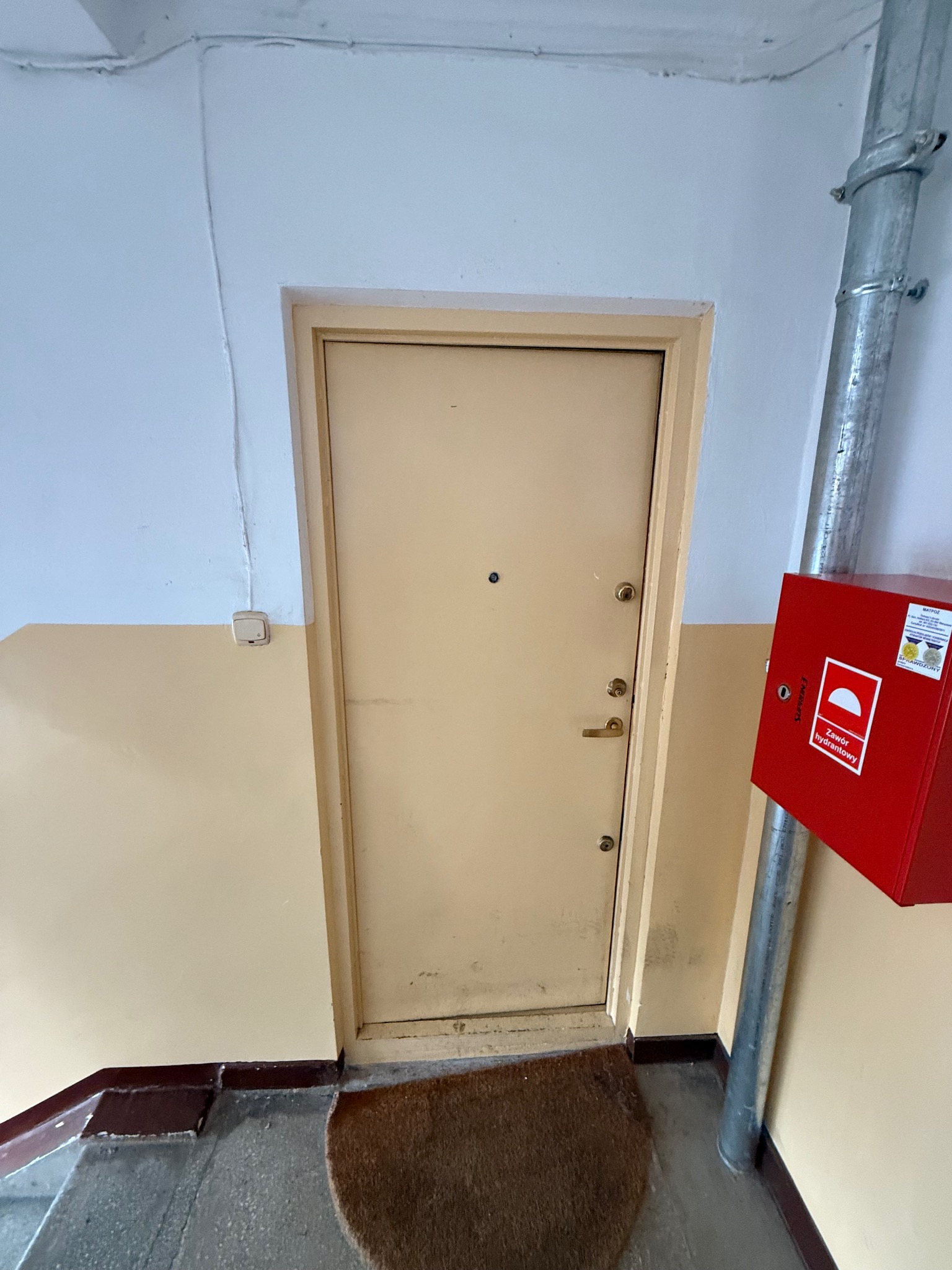 Beżowe drzwi wejściowe w bloku, widoczne z bliska, z brązową wycieraczką i czerwoną skrzynką hydrantową. Ściany pomalowane na dwa kolory.