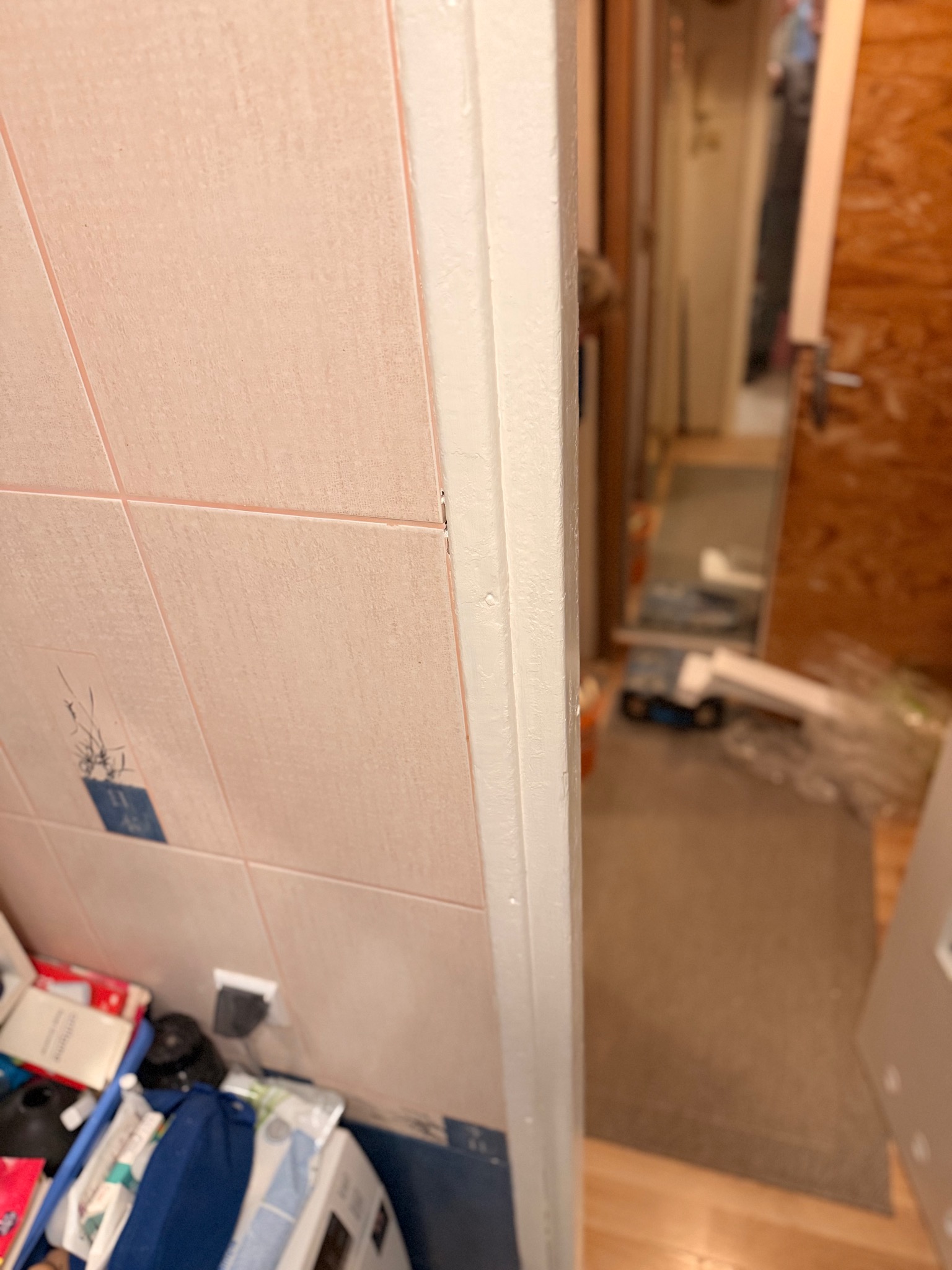 Fragment łazienki z różowymi płytkami i białą futryną drzwi. W tle widoczny korytarz z elementami remontu. U dołu widoczne przedmioty.