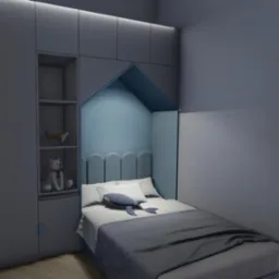 Pokój dziecięcy z zabudową meblową w odcieniach szarości i błękitu, łóżko z zagłówkiem w kształcie zaokrąglonych paneli, półka z zabawkami: pluszowy miś i model samolotu.