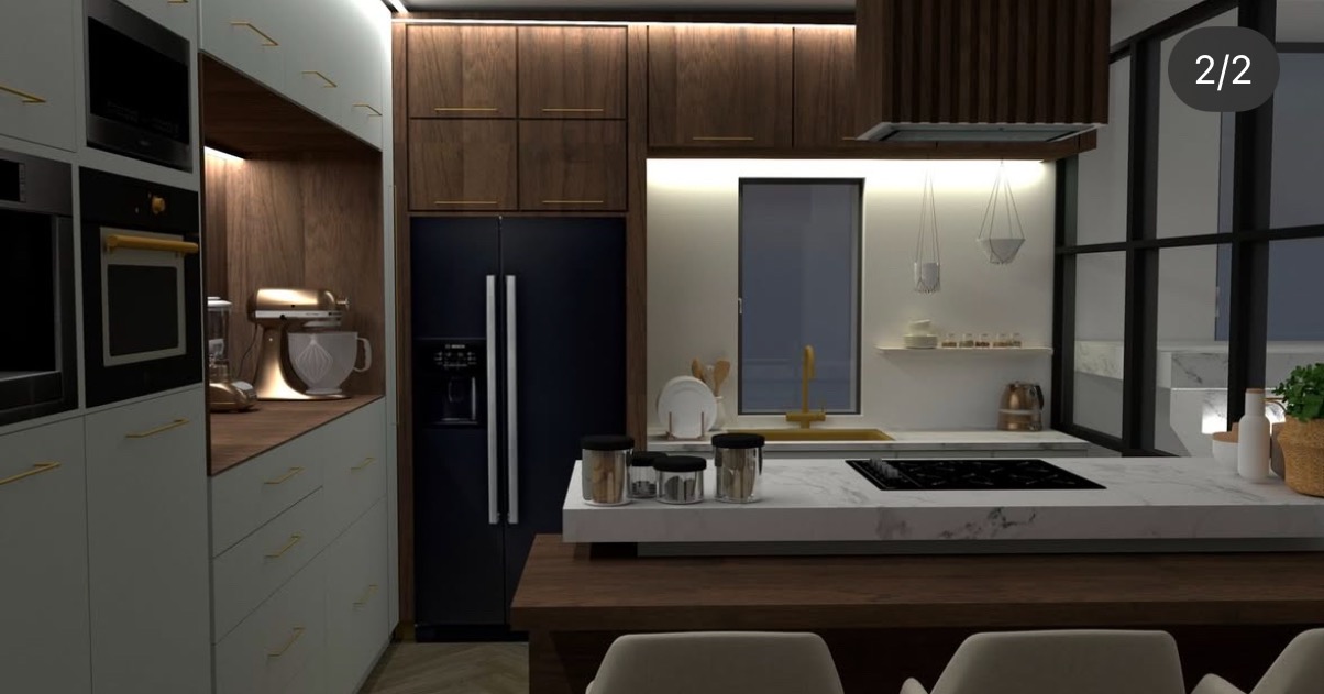Wizualizacja nowoczesnej kuchni z ciemnymi drewnianymi szafkami górnymi, czarną lodówką i białymi szafkami dolnymi z złotymi uchwytami. Na blacie stoi mikser planetarny i cztery słoiki.