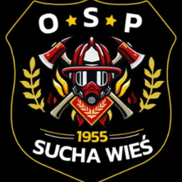 Grafika wektorowa herbu Ochotniczej Straży Pożarnej 'Sucha Wieś' z hełmem strażackim, skrzyżowanymi toporami, płomieniami i gałązkami laurowymi na czarnym tle w kształcie tarczy z żółtą obwódką.