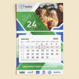 Mikołaj Stępień - Kalendarz firmowy na rok 2024 z logo firmy ubezpieczeniowej, zdjęciem rodziny i hasłem 'Ubezpiecz swoją przyszłość' oraz logotypami partnerów.