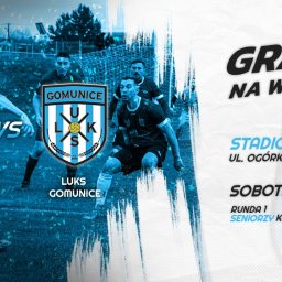Mikołaj Stępień - Grafika promująca mecz piłki nożnej pomiędzy drużynami LZS Świt Kamieńsk i LUKS Gomunice, z datą 30.08.2024, zawierająca logotypy drużyn i informacje o stadionie.