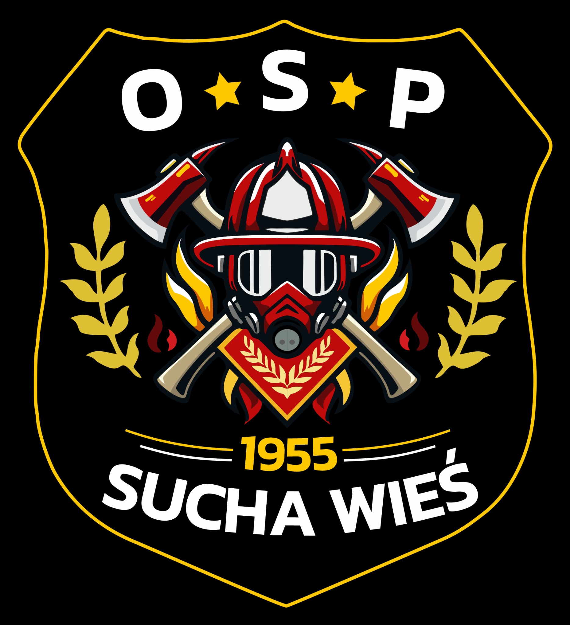 Grafika wektorowa herbu Ochotniczej Straży Pożarnej 'Sucha Wieś' z hełmem strażackim, skrzyżowanymi toporami, płomieniami i gałązkami laurowymi na czarnym tle w kształcie tarczy z żółtą obwódką.