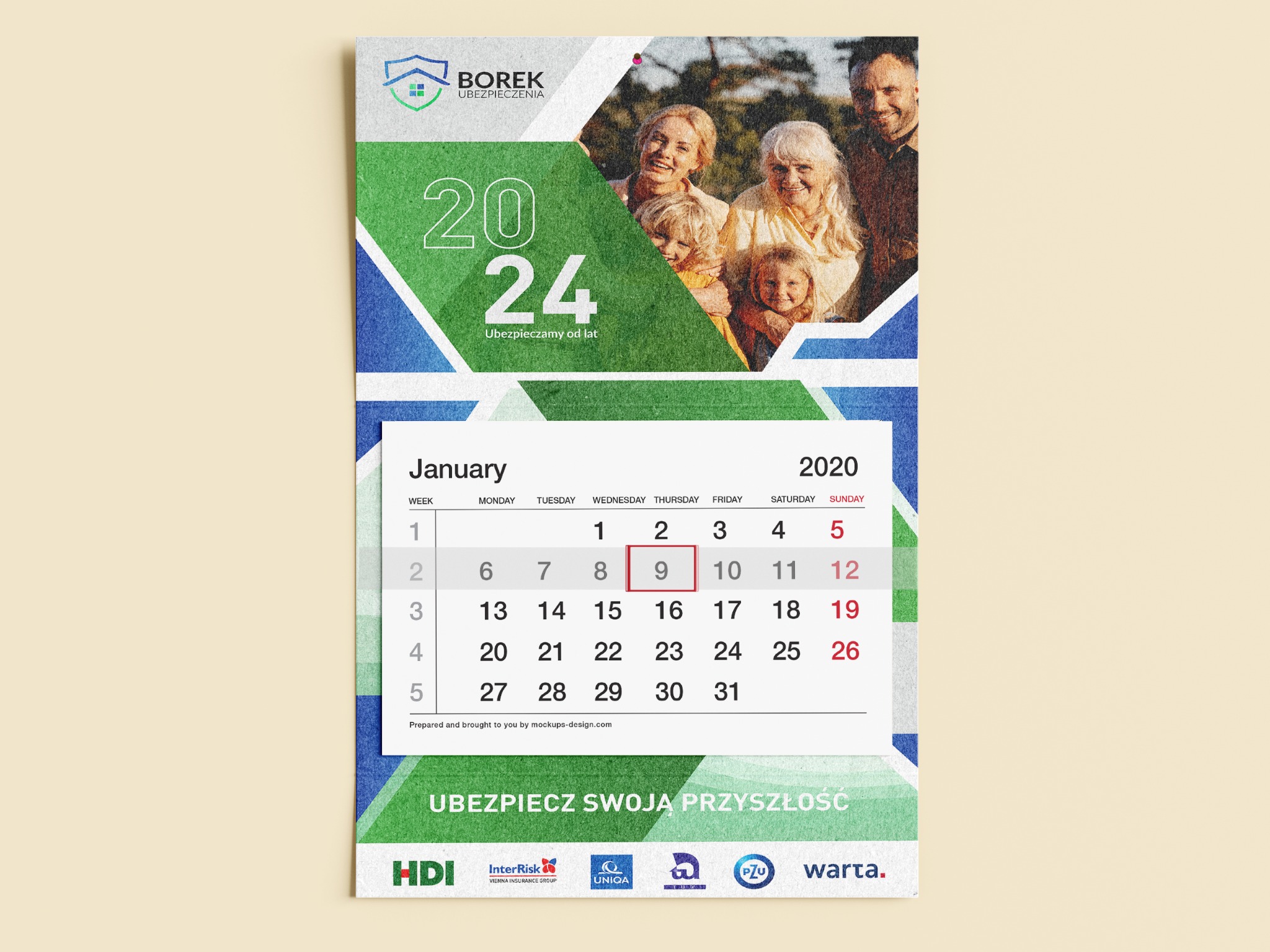 Kalendarz firmowy na rok 2024 z logo firmy ubezpieczeniowej, zdjęciem rodziny i hasłem 'Ubezpiecz swoją przyszłość' oraz logotypami partnerów.