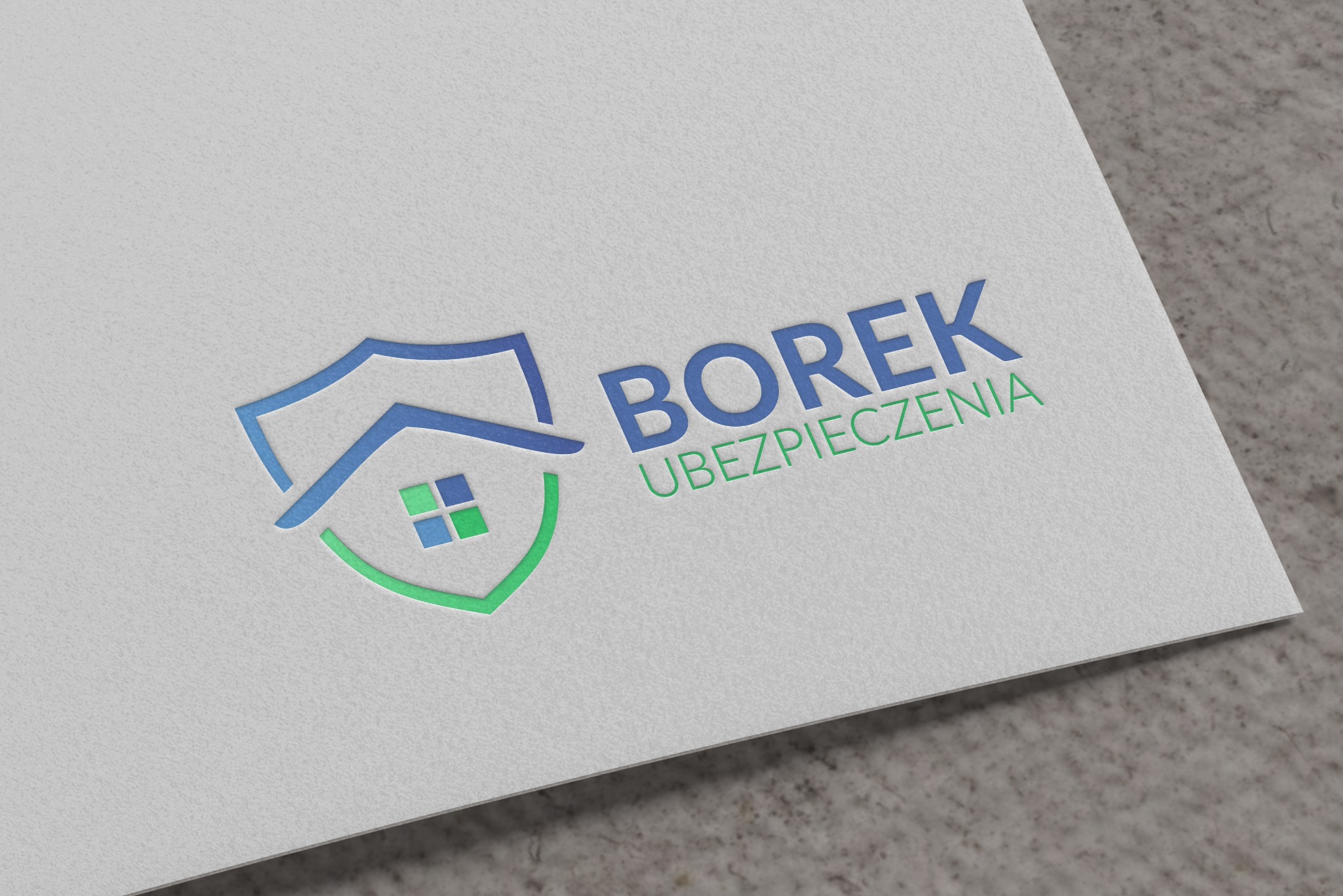 Logo firmy ubezpieczeniowej: stylizowany dom w tarczy, nazwa 'BOREK' i dopisek 'UBEZPIECZENIA' na teksturowanym papierze.