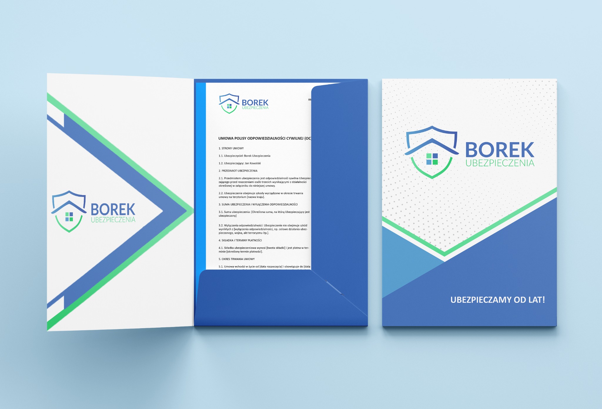 Otwarta teczka firmowa z umową polisy OC i logo Borek Ubezpieczenia na jasnym tle.