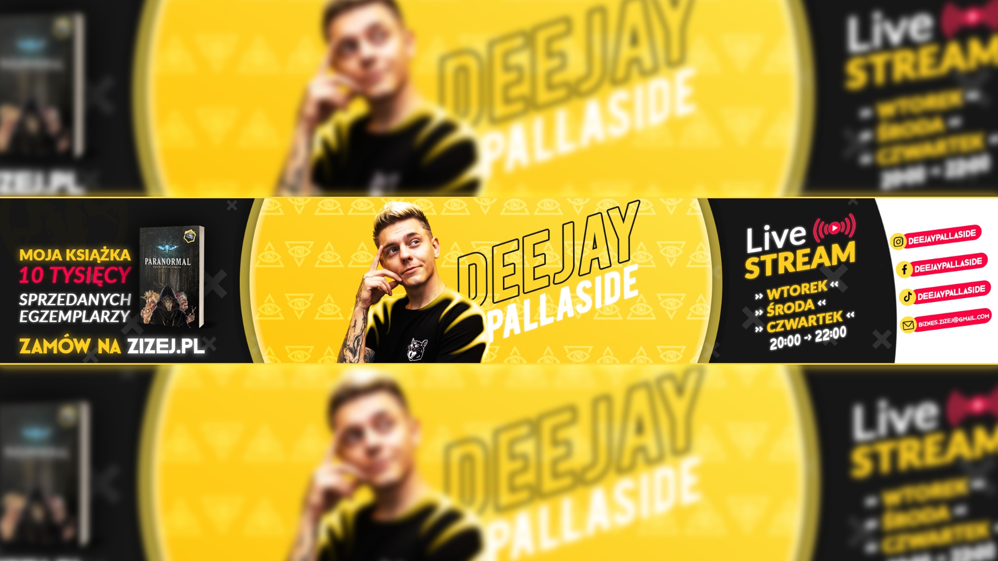 Grafika promująca live stream DJ-a Pallaside, z informacją o jego książce i linkami do mediów społecznościowych, utrzymana w żółto-czarnej kolorystyce.