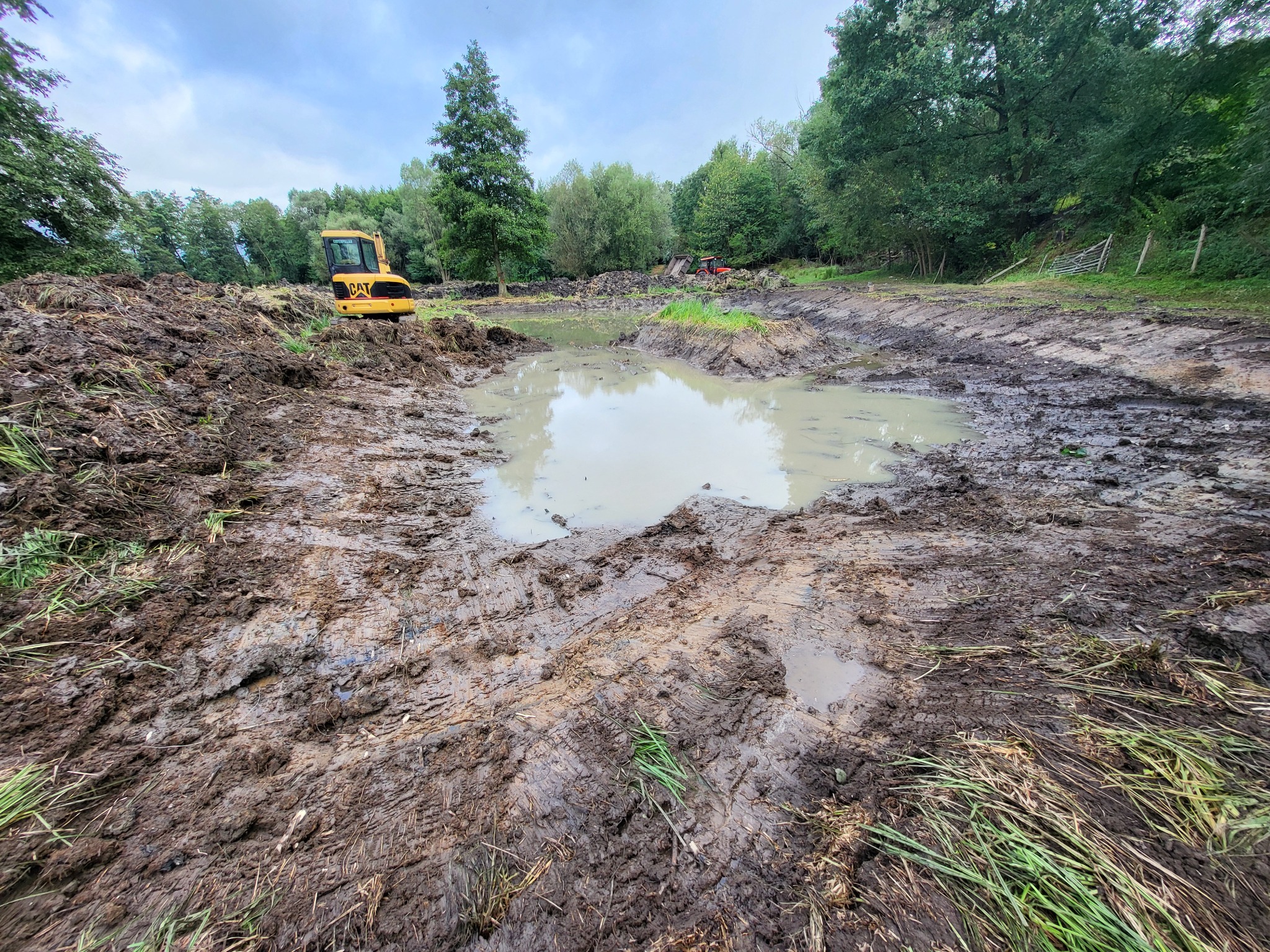 Wykopany staw z błotnistym brzegiem i wodą. W tle żółta koparka CAT i zieleń drzew. Ślady opon w błocie. Wykopanie stawu.