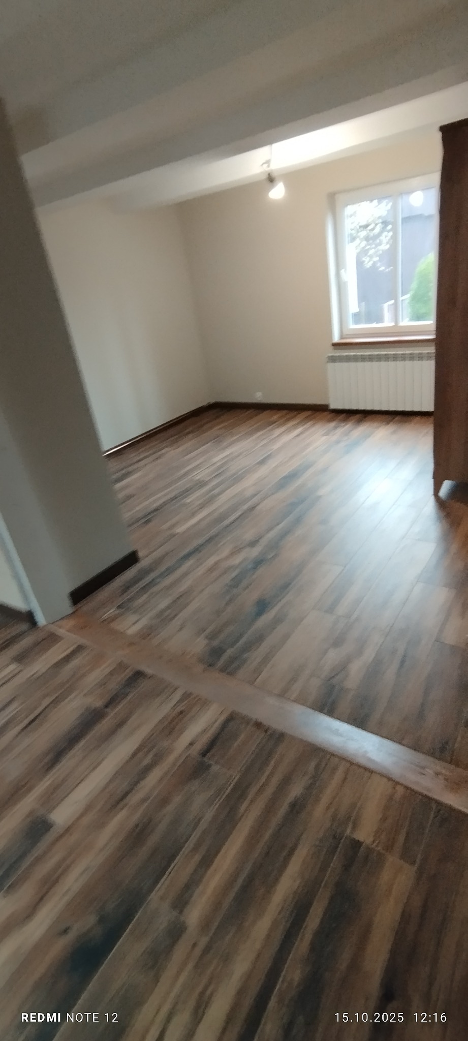 Jasne wnętrze z panelami podłogowymi w odcieniach brązu, widok na okno z grzejnikiem. Ściany w neutralnym kolorze, sufit z lampą. Część szafy po prawej.