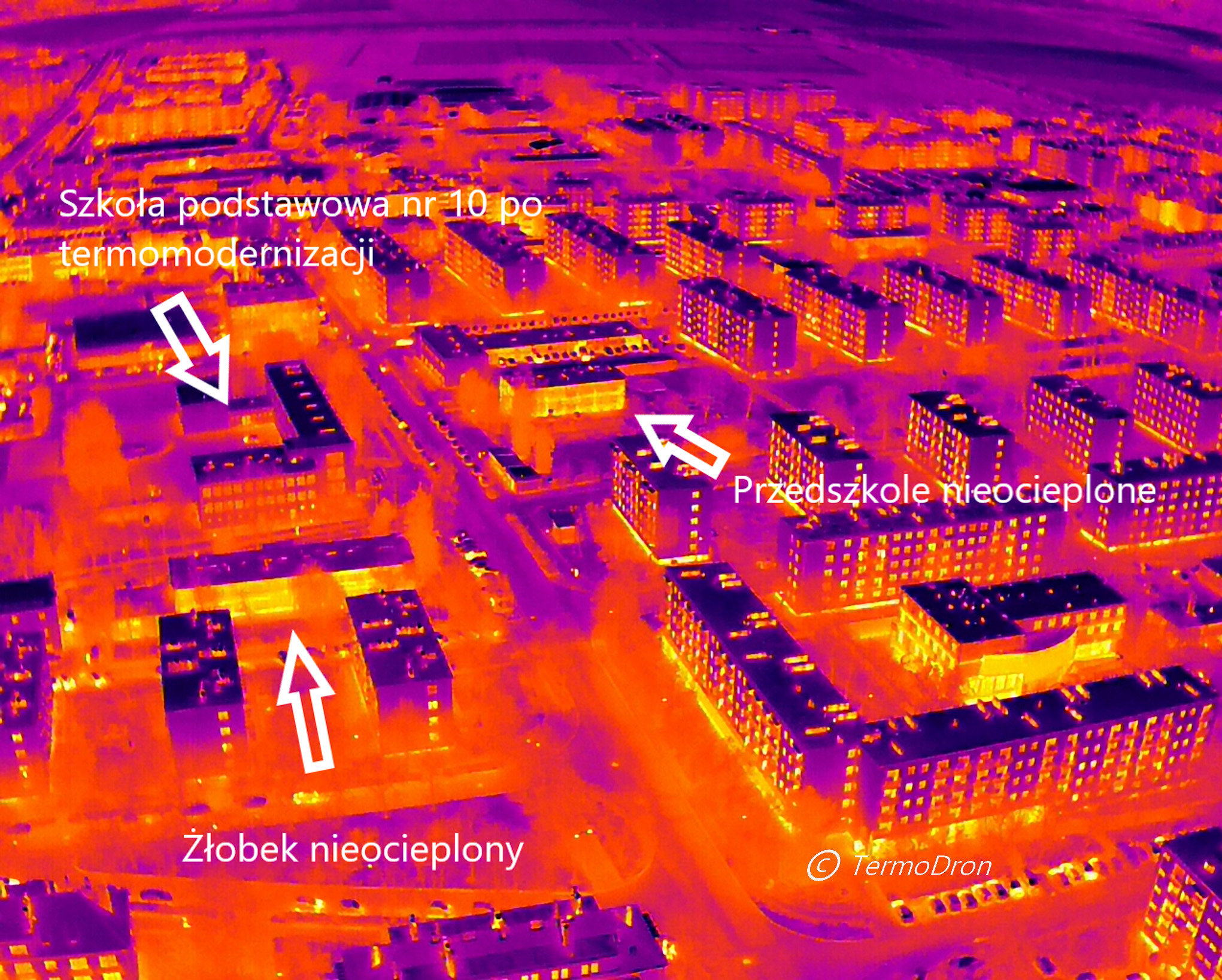 Termowizyjne zdjęcie lotnicze osiedla w Poznaniu, z zaznaczonymi budynkami szkoły, przedszkola i żłobka, oznaczonymi strzałkami i opisami informującymi o stanie ich termoizolacji.