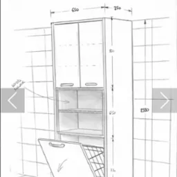 Szkic techniczny szafy wnękowej z wymiarami, widok z otwartym koszem na pranie i półkami, prezentacja koncepcji.