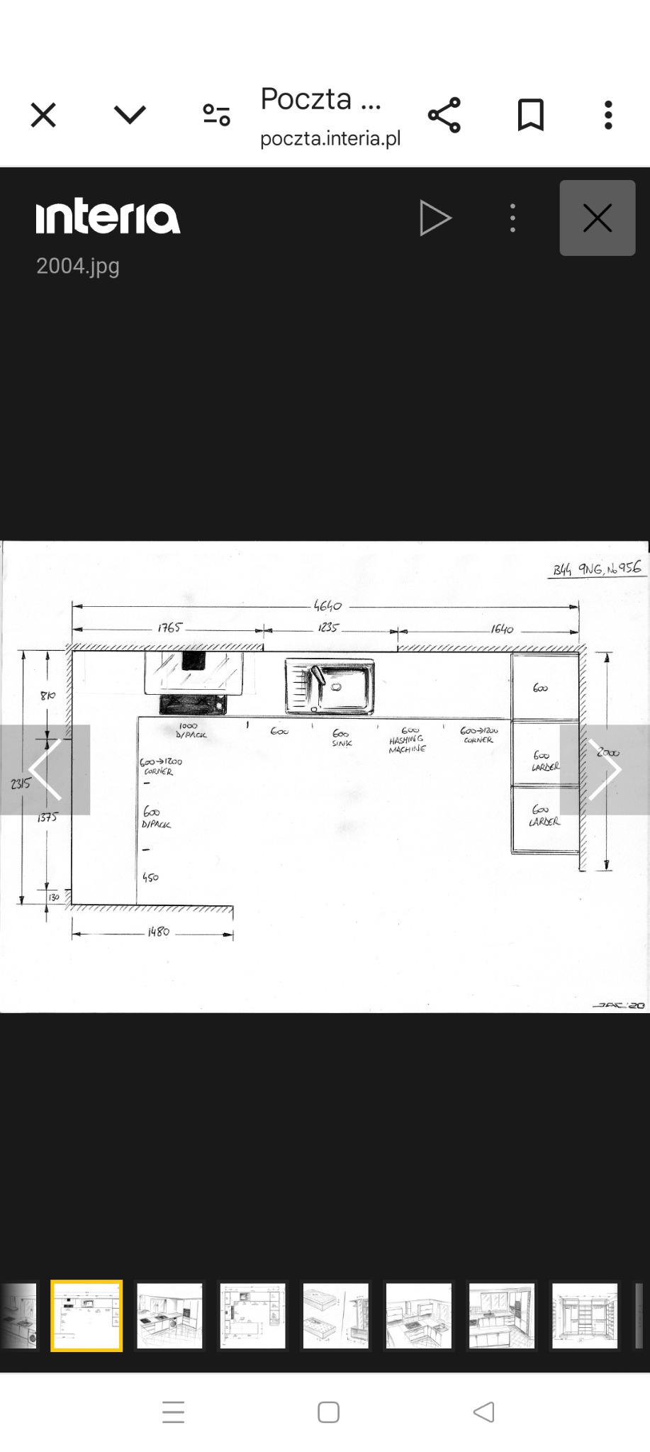 Ręcznie rysowany plan kuchni na wymiar z wymiarami, ukazujący rozmieszczenie szafek, zlewu i sprzętów.