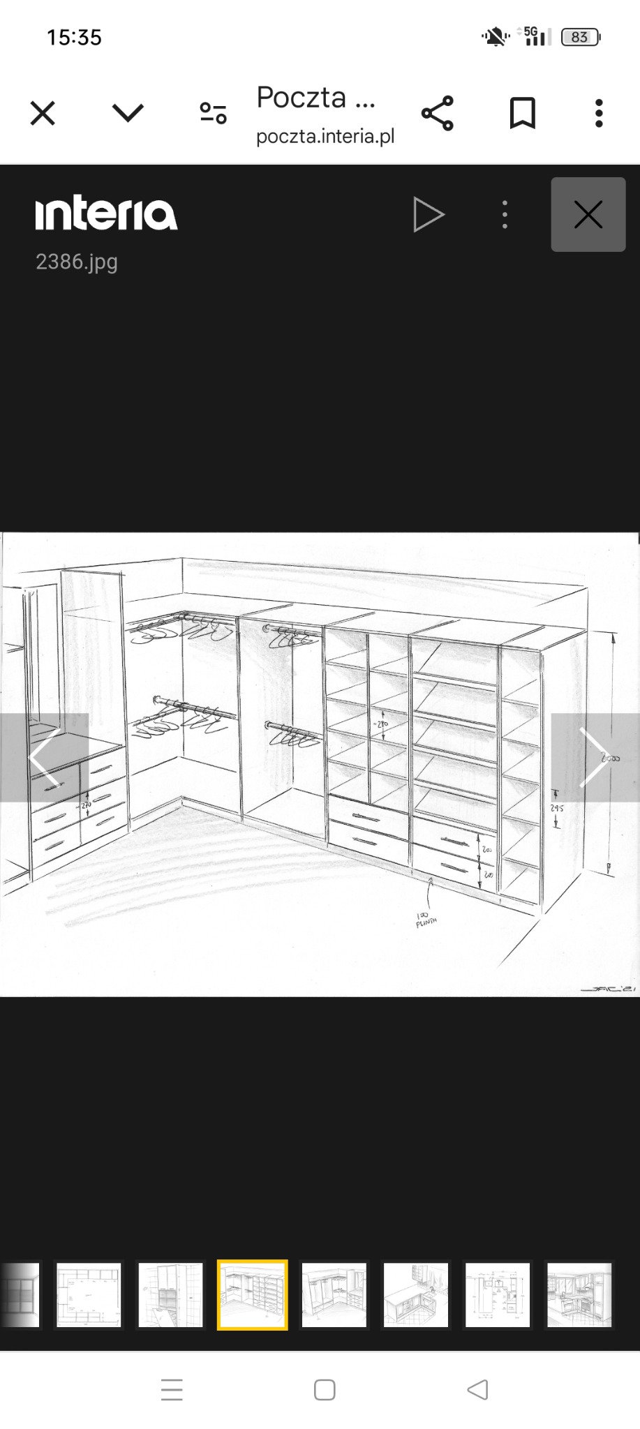 Szkic techniczny szafy wnękowej narożnej z wymiarami, widok z perspektywy, prezentujący układ półek, szuflad i drążków na wieszaki.