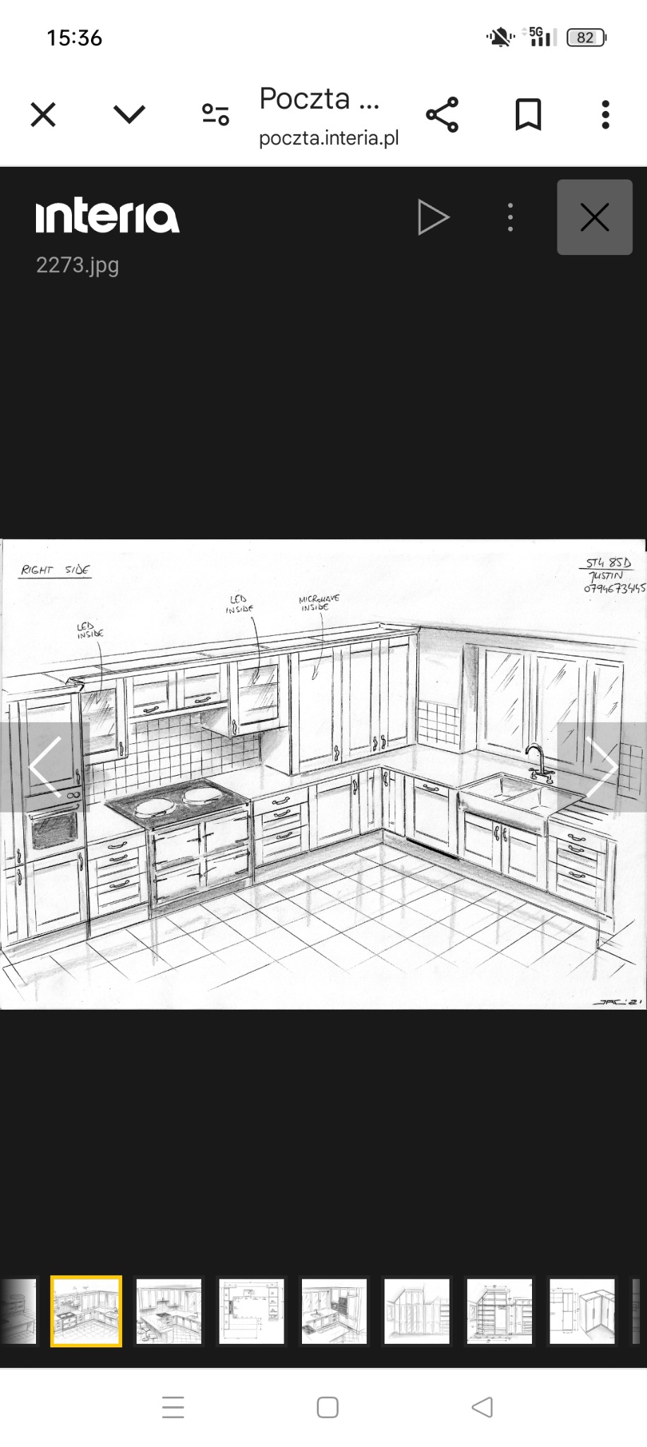Szkic koncepcyjny kuchni z zabudową narożną, z zaznaczonymi punktami LED i miejscem na mikrofalówkę, w stylu klasycznym.