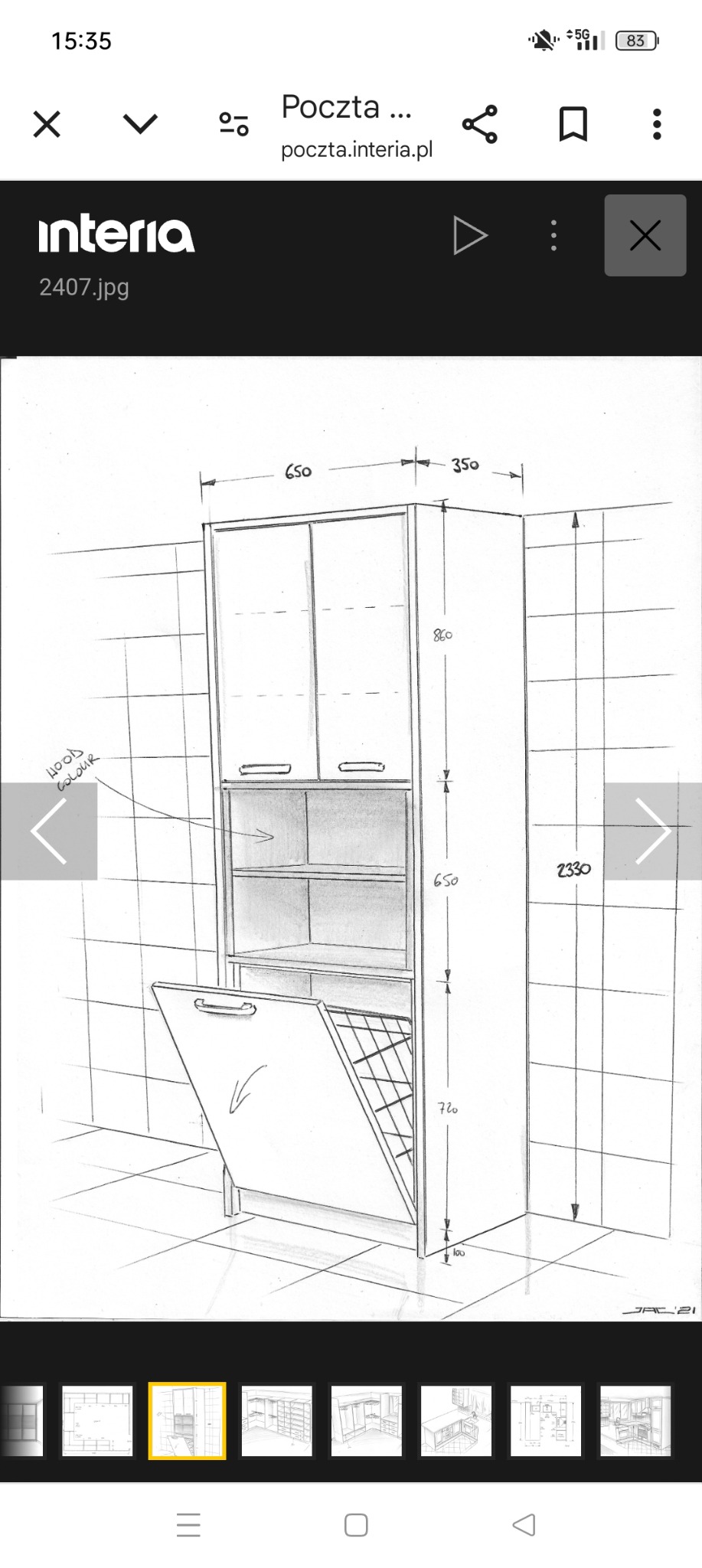 Szkic techniczny szafy wnękowej z wymiarami, widok z otwartym koszem na pranie i półkami, prezentacja koncepcji.