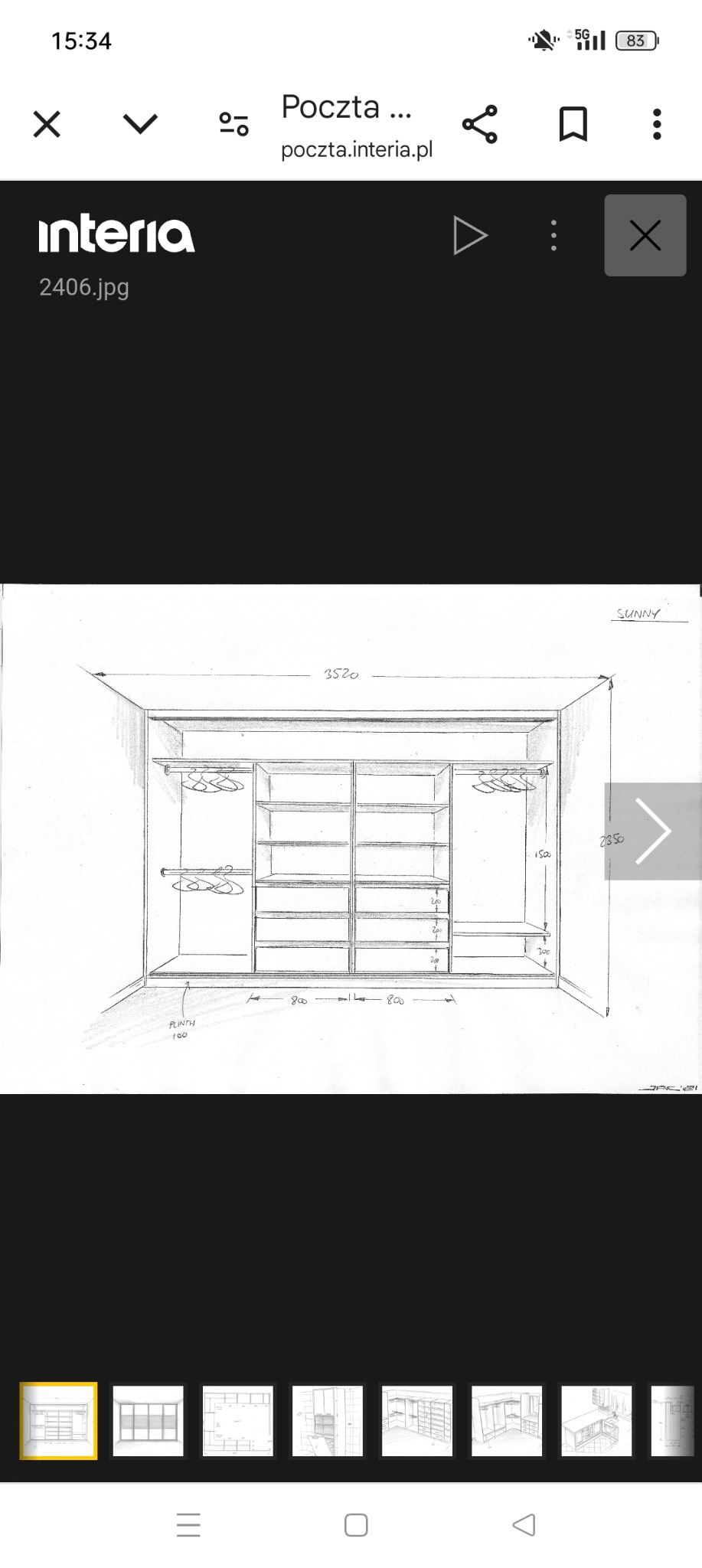 Szkic ołówkiem szafy wnękowej z przesuwnymi drzwiami, widoczne wymiary i rozkład półek oraz drążków na ubrania.