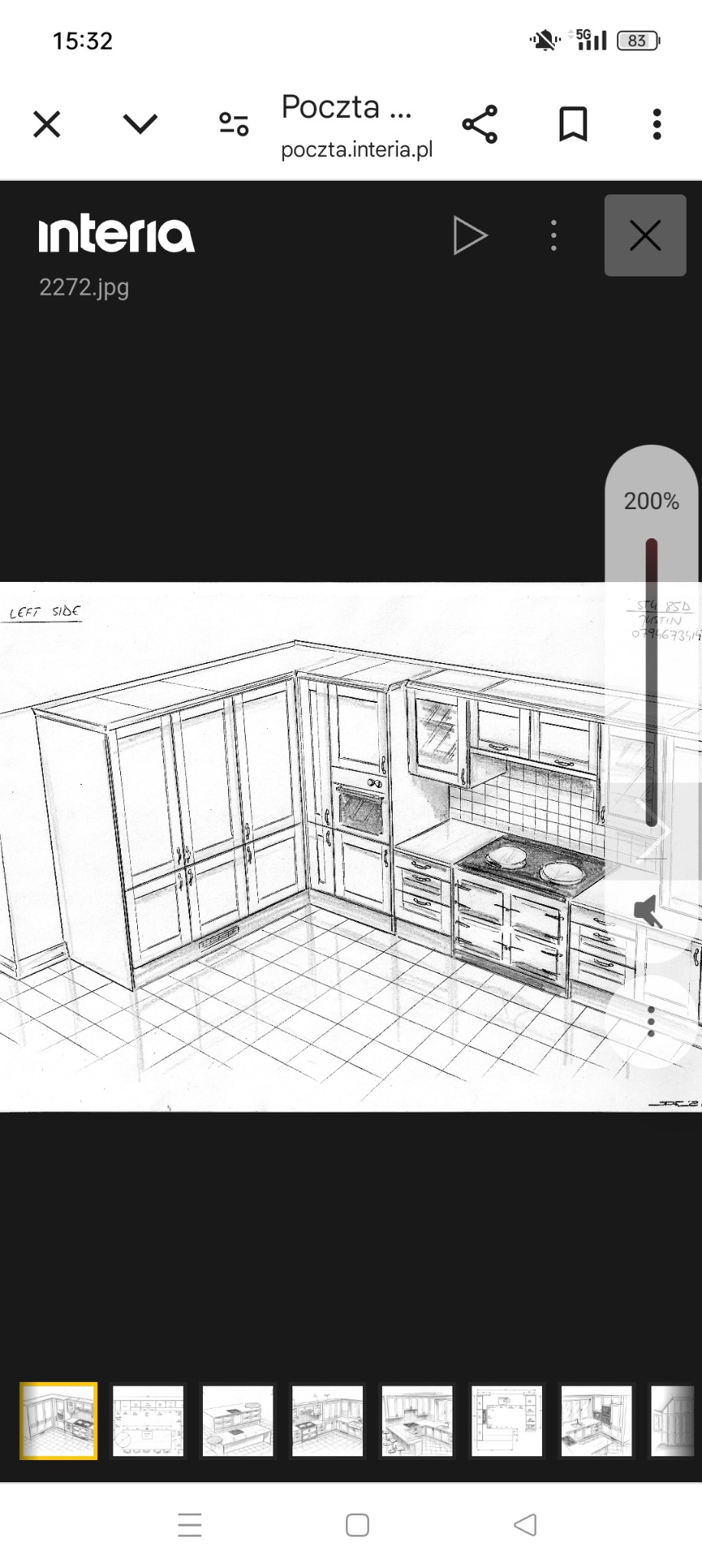Szkic projektowy kuchni w stylu klasycznym z zabudową narożną, widoczne szafki wiszące i stojące, płyta grzewcza oraz piekarnik, z uwzględnieniem wymiarów i oznaczeń na rysunku.