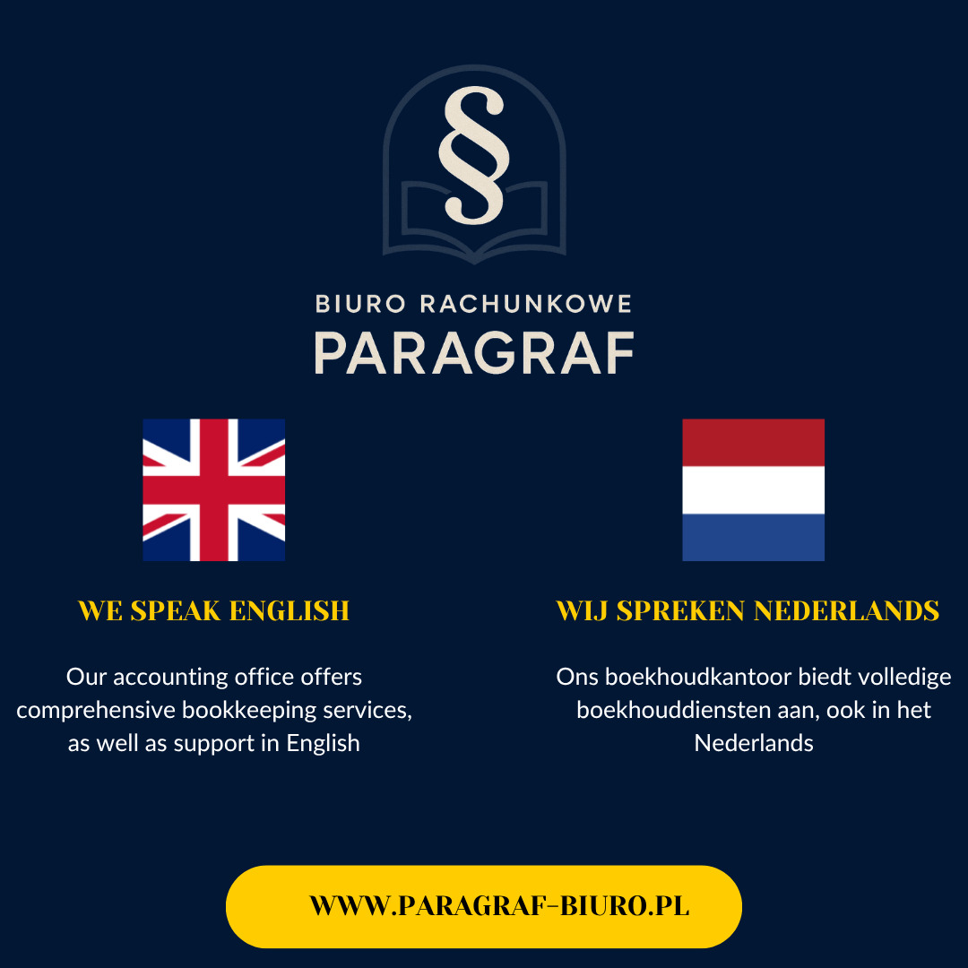 Grafika biura rachunkowego PARAGRAF z symbolami flag Anglii i Holandii, informująca o obsłudze w języku angielskim i niderlandzkim. Strona www na dole.