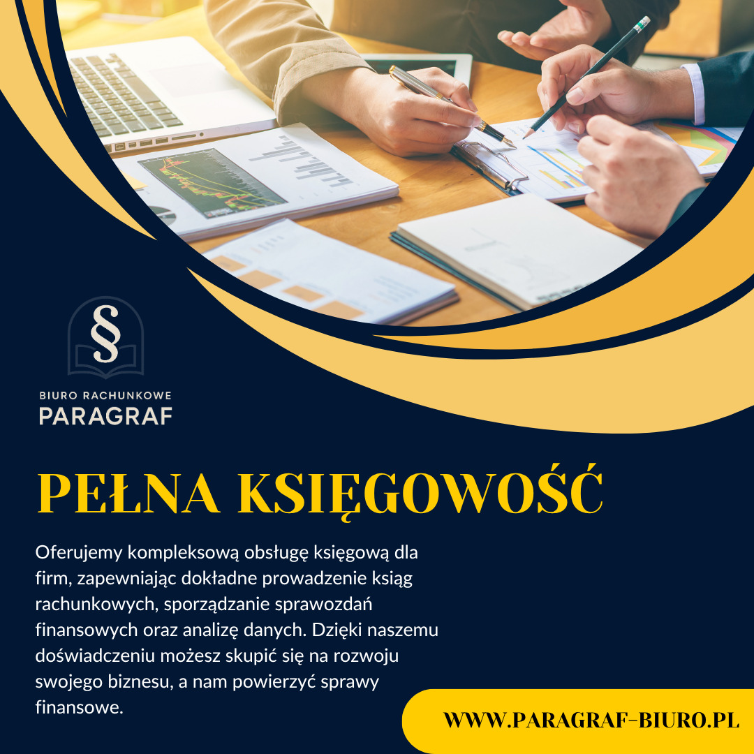 Biuro rachunkowe Paragraf: Pełna księgowość. Dwie osoby analizują wykresy, laptop na stole, nowoczesny design, strona WWW.paragraf-biuro.pl.