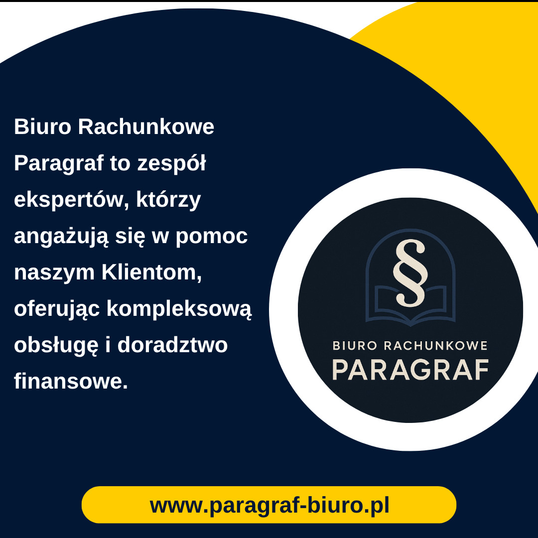 Grafika Biura Rachunkowego Paragraf z symbolem paragrafu i informacją o kompleksowej obsłudze finansowej. Na dole adres strony internetowej.