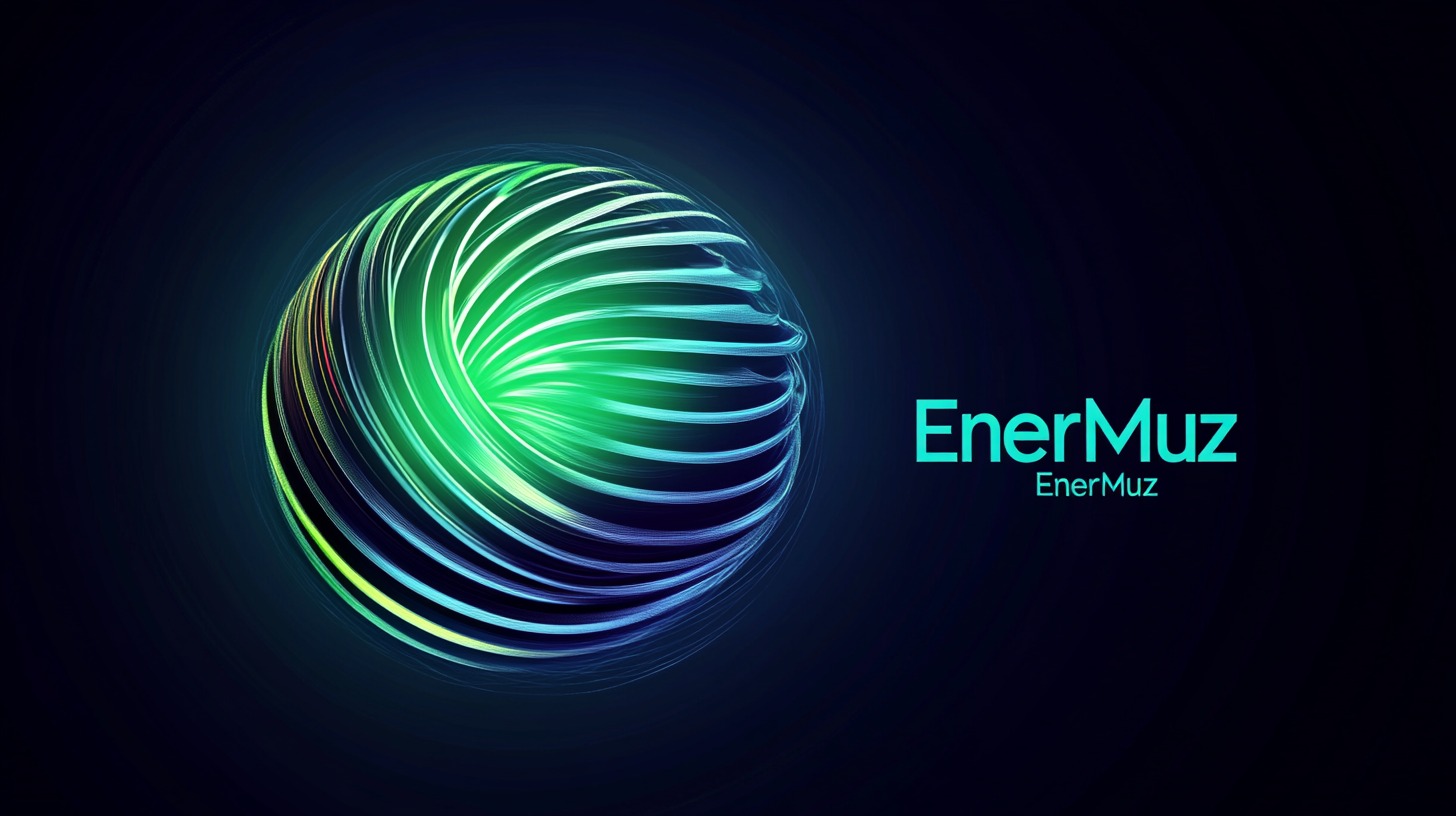Logo firmy EnerMuz z Rybnika przedstawiające świecącą, zielono-niebieską kulę zbudowaną z cienkich linii na ciemnym tle.
