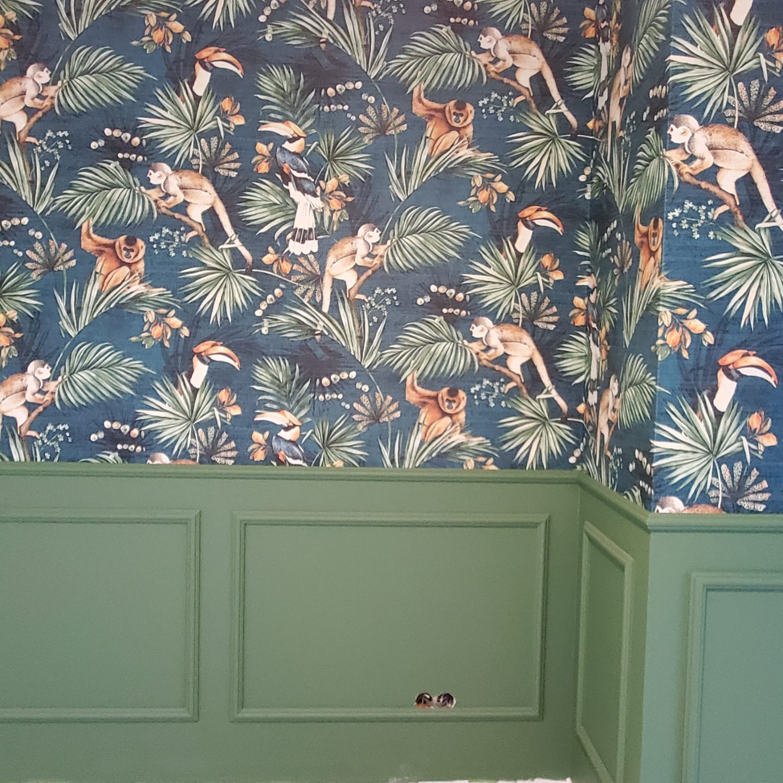Wykończona ściana z zieloną boazerią i tapetą w motywy dżungli z małpami i ptakami, widoczne gniazdka elektryczne bez osprzętu.