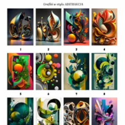 Katalog grafik do druku ściennego UV w stylu abstrakcja, prezentujący dwanaście różnych wzorów z numeracją od 1 do 12, od geometrycznych kształtów po organiczne formy.