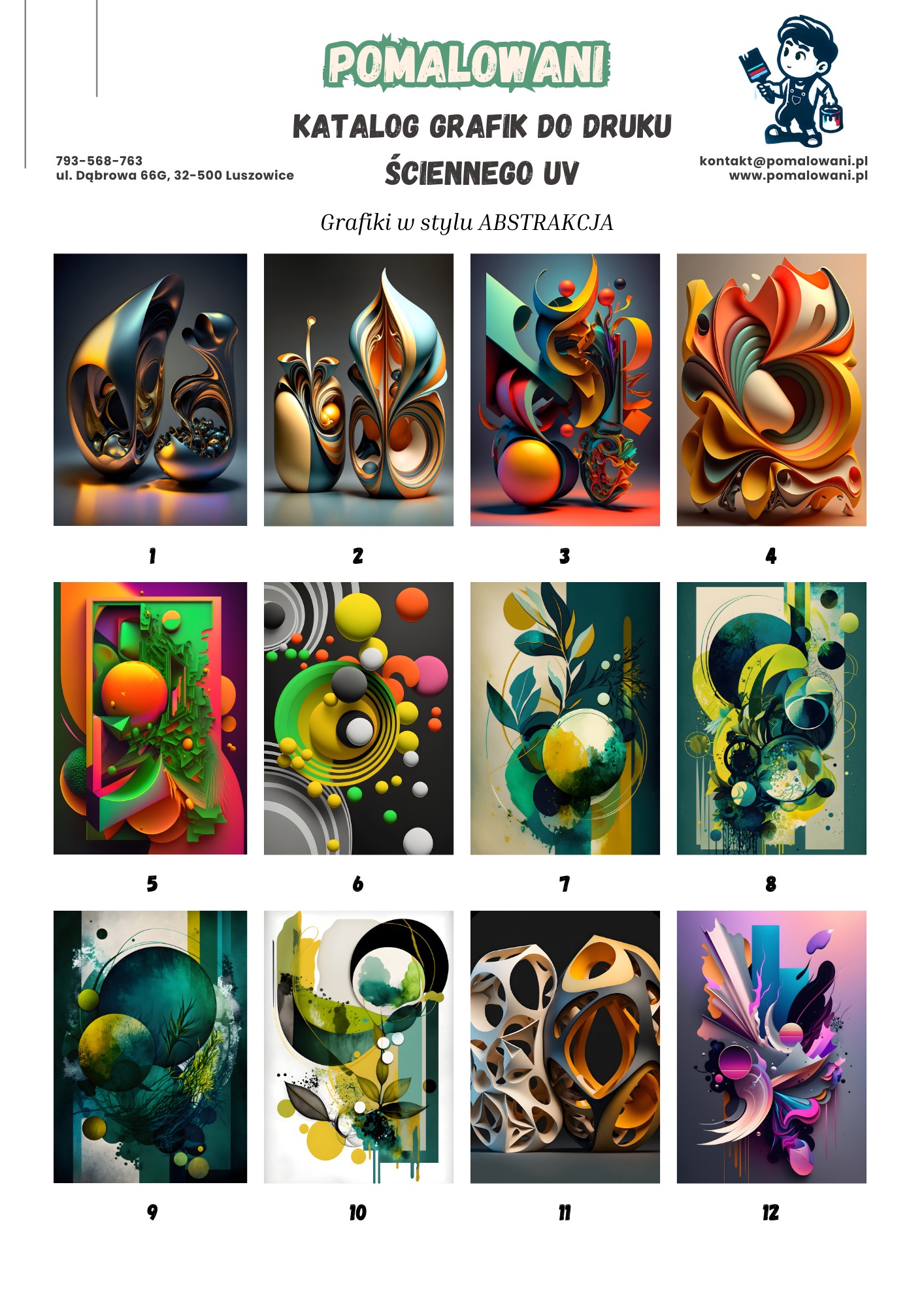 Katalog grafik do druku ściennego UV w stylu abstrakcja, prezentujący dwanaście różnych wzorów z numeracją od 1 do 12, od geometrycznych kształtów po organiczne formy.