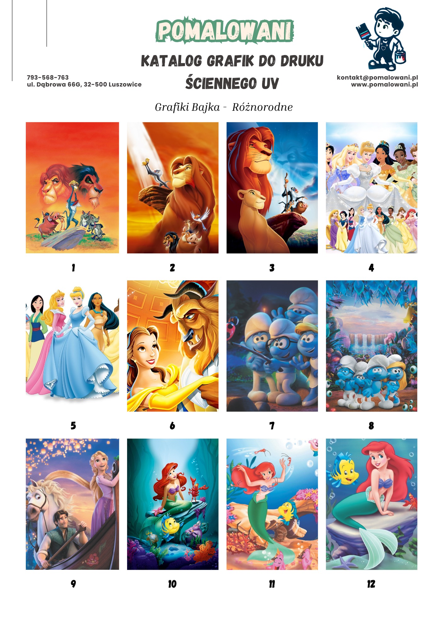 Katalog grafik do druku ściennego UV z postaciami z bajek, zawierający dwanaście różnych ilustracji, w tym Król Lew, księżniczki Disneya, Smerfy i Mała Syrenka, prezentowany przez firmę Pomalowani.