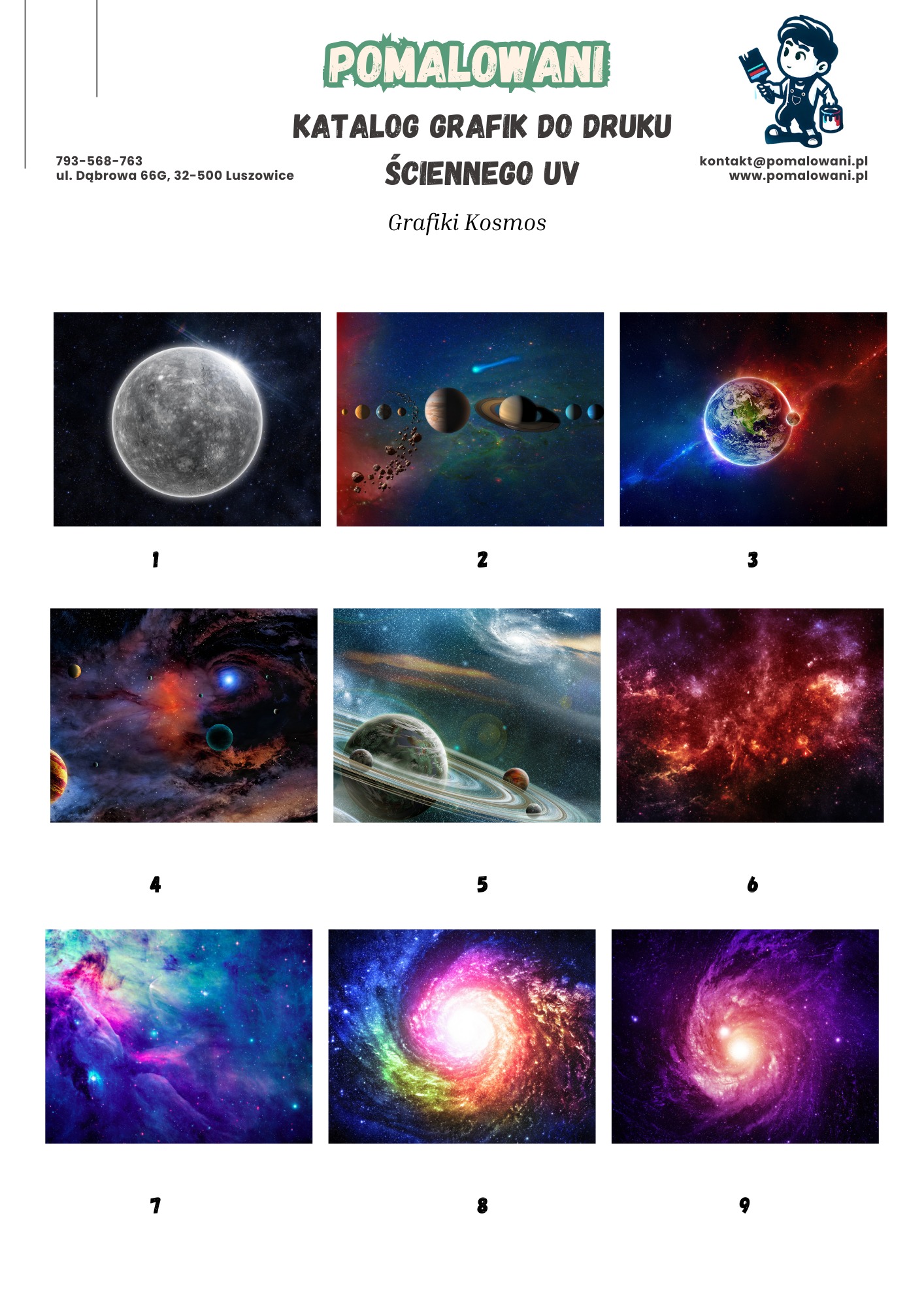 Katalog grafik do druku ściennego UV firmy Pomalowani, prezentujący dziewięć wizualizacji kosmosu: planety, galaktyki i mgławice w żywych kolorach.