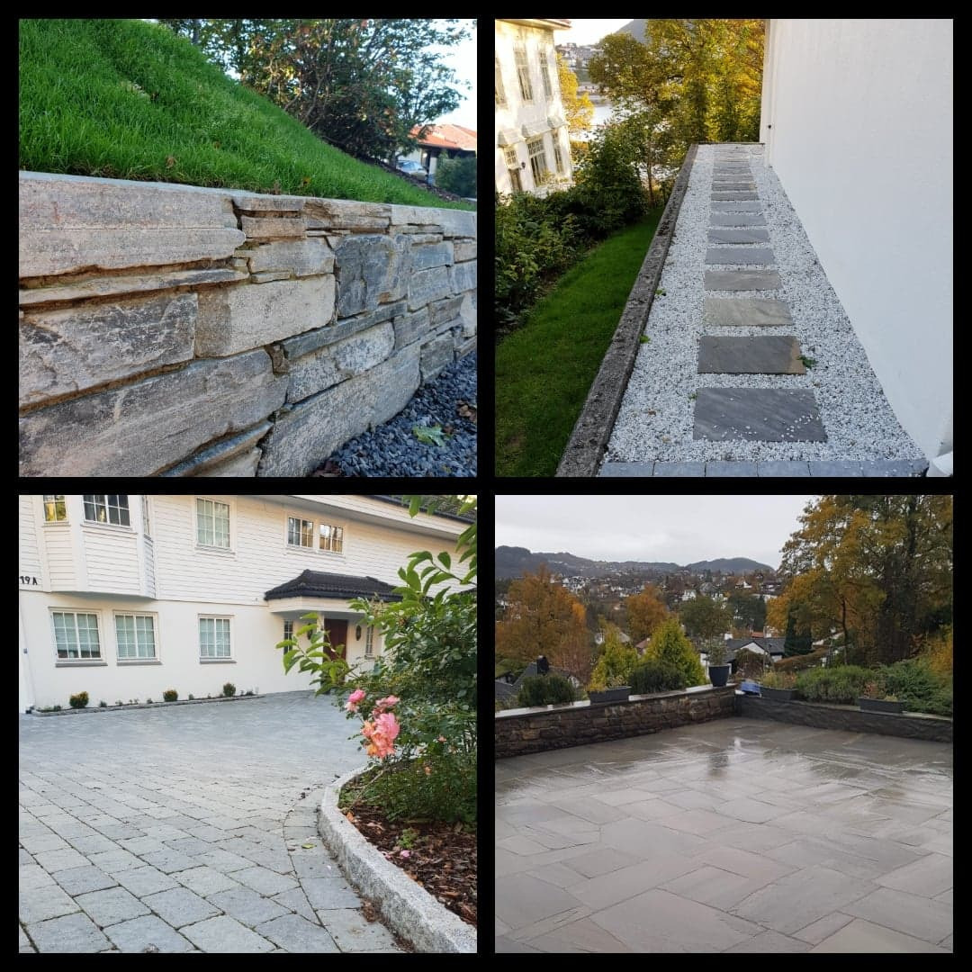 Kolaż czterech zdjęć przedstawiających elementy zagospodarowania terenu: kamienny murek oporowy, ścieżka z płyt na żwirze, podjazd z kostki brukowej przy białym domu oraz taras wyłożony płytami...