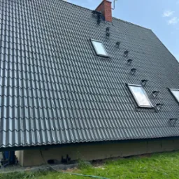 Ciemny, blaszany dach z oknami połaciowymi i ceglanymi kominami na tle błękitnego nieba. Widoczne stopnie dachowe i trawnik u podstawy.