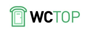 Logo firmy WC TOP przedstawiające schematyczną, zieloną toaletę przenośną obok czarnego napisu WC i zielonego TOP.