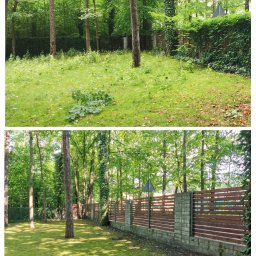 ZEN GARDEN ŁUKASZ GUMKOWSKI - Porównanie terenu przed i po wyrównaniu oraz budowie nowego ogrodzenia z drewnianymi przęsłami i betonowymi słupkami, widok na zalesiony ogród.