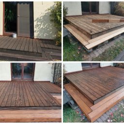 ZEN GARDEN ŁUKASZ GUMKOWSKI - Montaż drewnianego tarasu z desek kompozytowych w Warszawie. Widoczne etapy budowy, od konstrukcji po gotową powierzchnię. Zastosowano różne odcienie drewna.