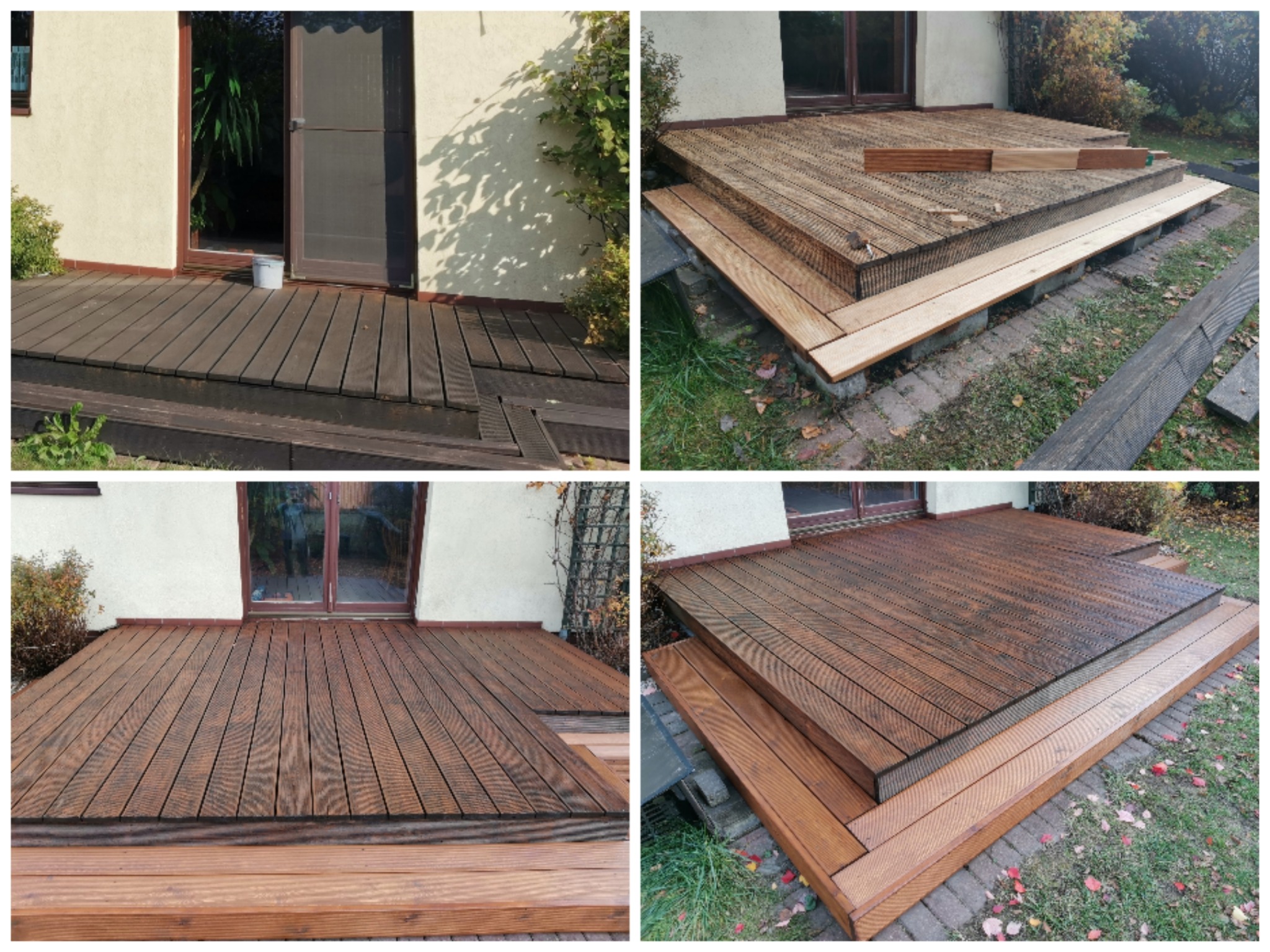 Montaż drewnianego tarasu z desek kompozytowych w Warszawie. Widoczne etapy budowy, od konstrukcji po gotową powierzchnię. Zastosowano różne odcienie drewna.